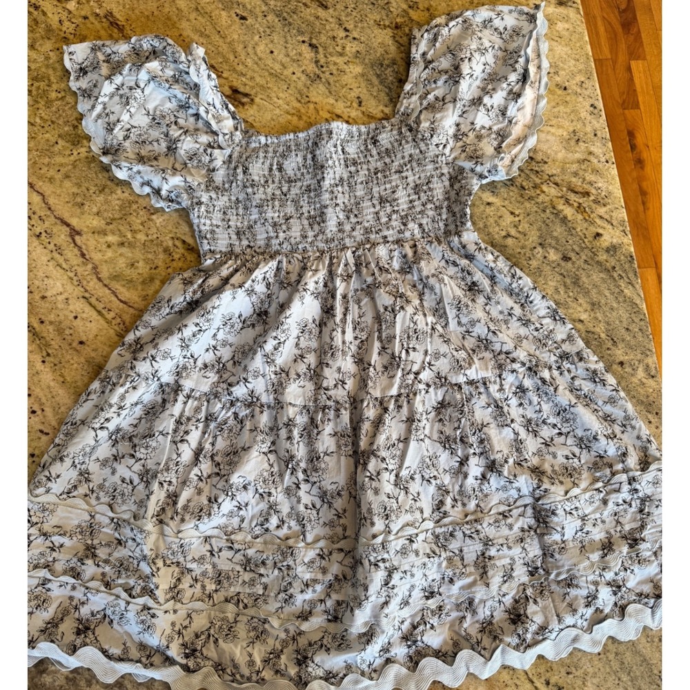 Umgee USA Blue Floral Smocked Mini Dress Cotton Flutter Sleeve Boho C4001 Medium